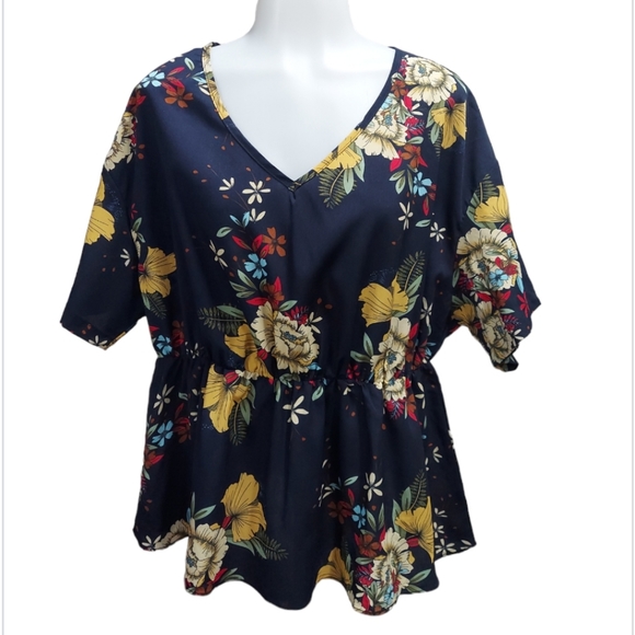 Elastic Waist Floral Print V Neck Blouse - Picture 8 of 11